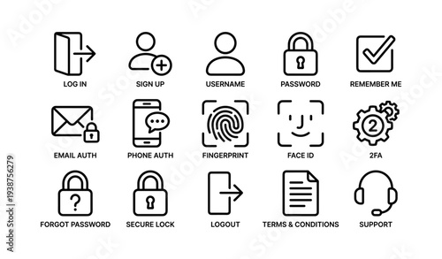 User authentication icons: login, security, 2fa, and privacy features