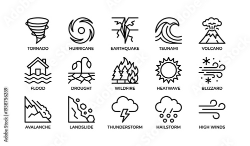 Set of simple line icons representing various natural disasters and extreme weather events