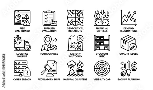 Icons representing business challenges and risks in supply chain management