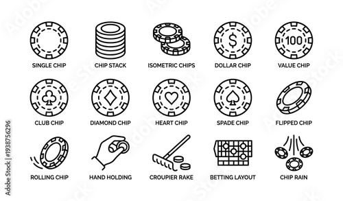 Casino poker chip icons set: designs and symbols including club heart spade diamond