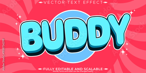 A vibrant and fully editable vector text effect with the word BUDDY in bold, blue letters on a pink background.