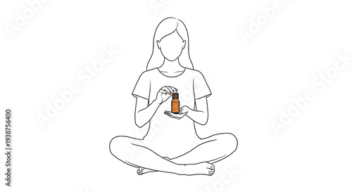 Serene woman meditating with an amber dropper bottle for holistic wellness and self-care ritual