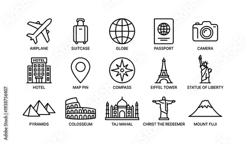 Travel icons: airplane, suitcase, globe, passport, camera, hotel, landmarks