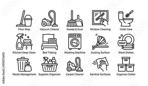 Household cleaning tools icons: mop, vacuum, broom, window, toilet, kitchen, bed, laundry, dusting, dishes