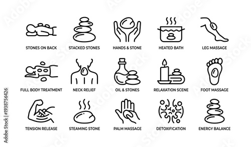Relaxation techniques icons: massage, meditation, aromatherapy, and stone therapy symbols