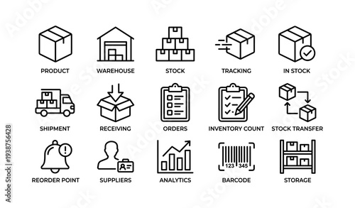 Warehouse inventory icons: product, shipment, storage, tracking, analytics
