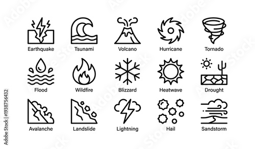 Natural disaster icon set: earthquake, tsunami, volcano, hurricane, tornado