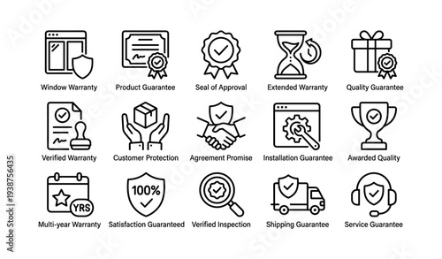 Warranty and guarantee icons set featuring quality, protection, and verification symbols