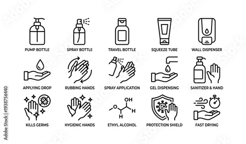 Hand sanitizer symbols: pump bottles, spray, travel, squeeze tube, wall dispensers