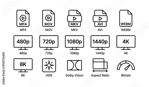 Video format and resolution icons: mp4, mkv, 4k, 8k, hdr, dolby vision, aspect ratio, bitrate