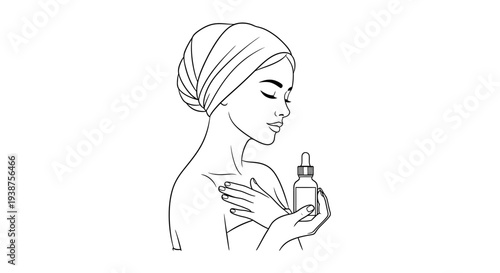 Elegant line art illustration of a woman engaging in a serene self-care beauty routine applying