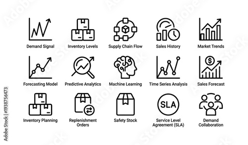 Supply chain flow and analytics icons: inventory, forecasting, safety stock, demand collaboration