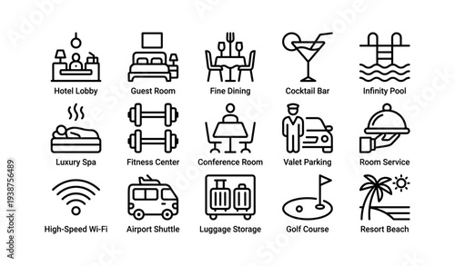 Icon set: luxury hotel amenities featuring dining, fitness, spa, pool, and conveniences
