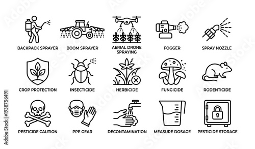 Agricultural pest control tools and safety icons set