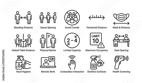 Social distancing and safety guidelines for public spaces with icon instructions