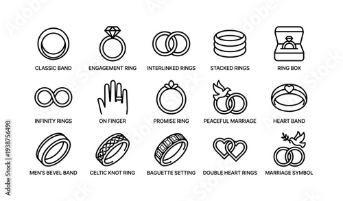Various wedding and engagement ring designs with symbols and styles
