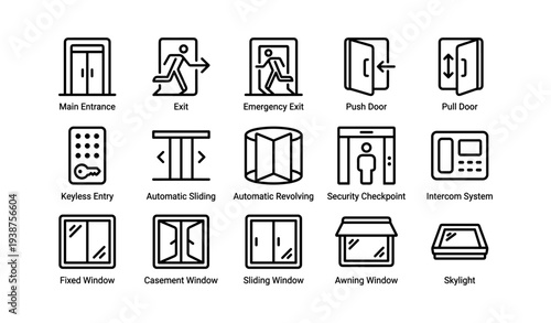 Icon set of building entrances exits windows and security systems