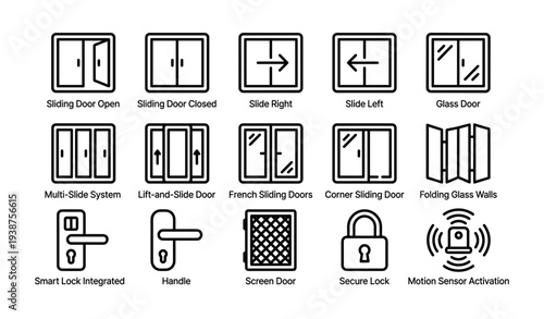 Sliding door icons set: glass, multi-slide, french, secure lock, motion activation