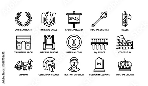 Symbols of ancient rome: imperial eagle, laurel wreath, colosseum, aqueduct, chariot