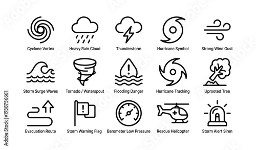 Weather icons of cyclones, thunderstorms, and natural disasters