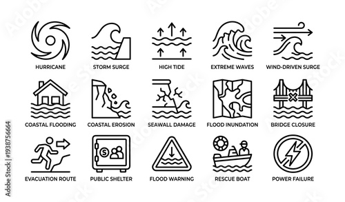 Natural disaster icons: hurricanes, storm surges, floods, and emergency response symbols