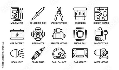 Essential automotive electronics and tools icons for vehicle maintenance