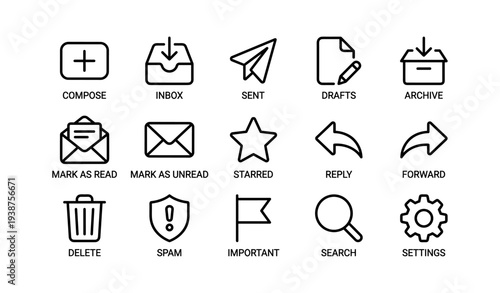 Email interface icons including inbox, sent, drafts, and settings on light background