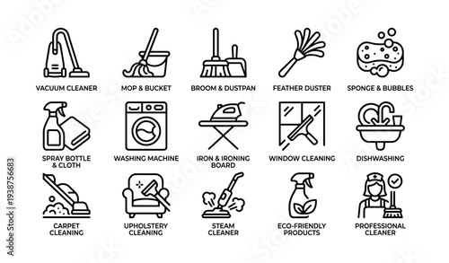 Household cleaning tools and equipment line icons set