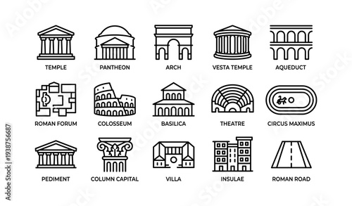 Illustrated icons of ancient roman architecture and structures