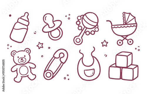 Baby doodle collection for newborn care and infant play objects