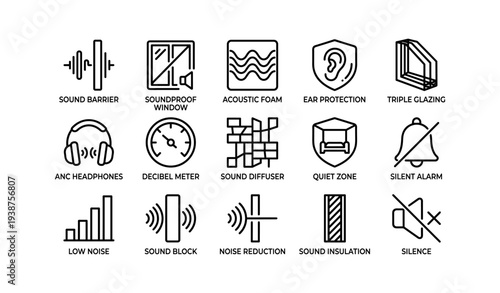 Soundproofing icons: acoustic foam, decibel meter, noise reduction, ear protection