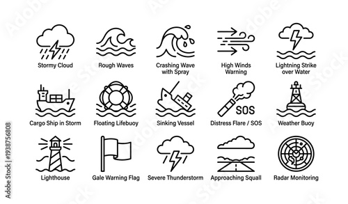 Weather symbols for marine safety: storm, waves, ship, lighthouse, thunder