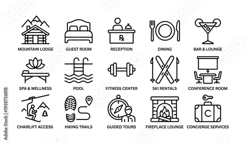 Mountain resort amenities icons including lodge, reception, dining, spa, and ski rentals