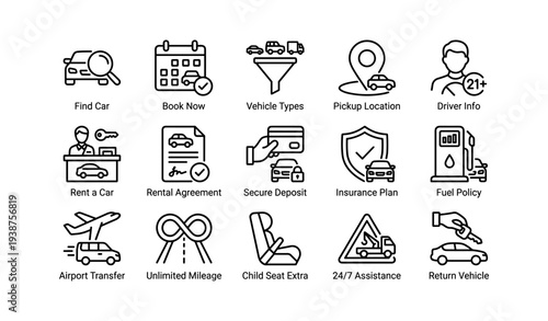 Car rental services icons: booking, vehicle types, insurance, assistance