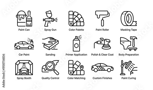 Automotive painting equipment and tools icons set