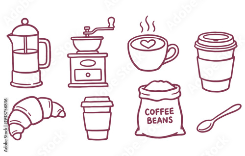 Coffee essentials doodle collection with french press grinder cup and beans