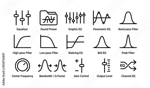 Audio equalizer adjustments and filters: graphic, parametric, band-pass, high-pass, low-pass, and shelving eq icons