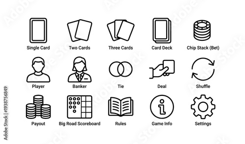 Casino card and chip icons: game elements collection for digital design