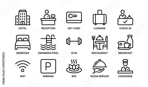 Hotel facilities icons: reception, key card, luggage, dining, fitness, spa, services, amenities