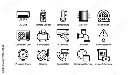 Hvac system icons: ac, remote, compressor, ductwork, maintenance