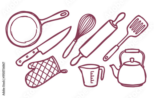 Kitchen utensils set including frying pan, knife, whisk, rolling pin, spatula, oven mitt