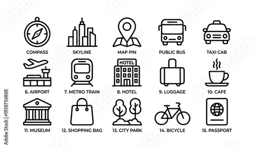 Set of 15 transport and travel icons including compass, bus, car, and map symbols