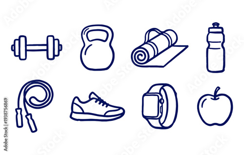 Fitness equipment line icon set with dumbbell kettlebell and sneaker