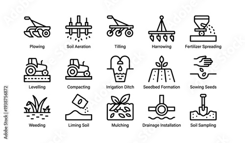 Collection of agriculture icons: plowing, irrigation, fertilizer spreading, and more
