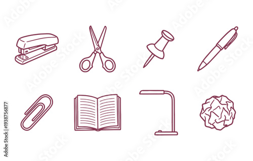 Office supplies stationary icons including stapler scissors and pen