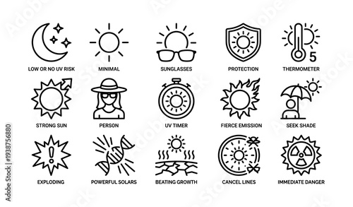 Sun safety icons: protection, thermometer, sunglasses, strong uv risks