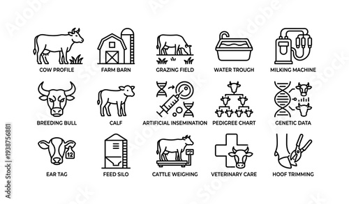 Farm icons: livestock care, feeding, genetics, veterinary symbols