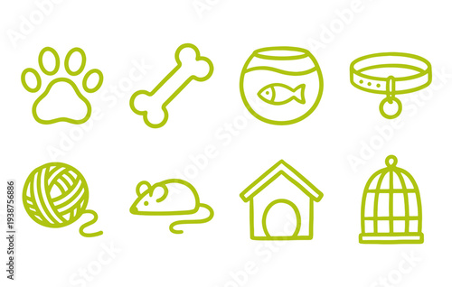 Pet accessories set including paw print, bone, fishbowl, collar, yarn, mouse, kennel