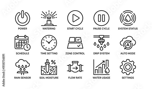 Smart irrigation system icons: control, automation, and monitoring features