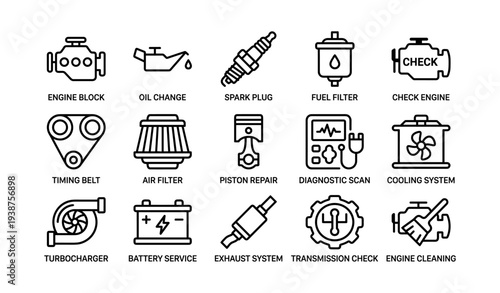 Car engine maintenance icons: spark plug, oil change, fuel filter, transmission